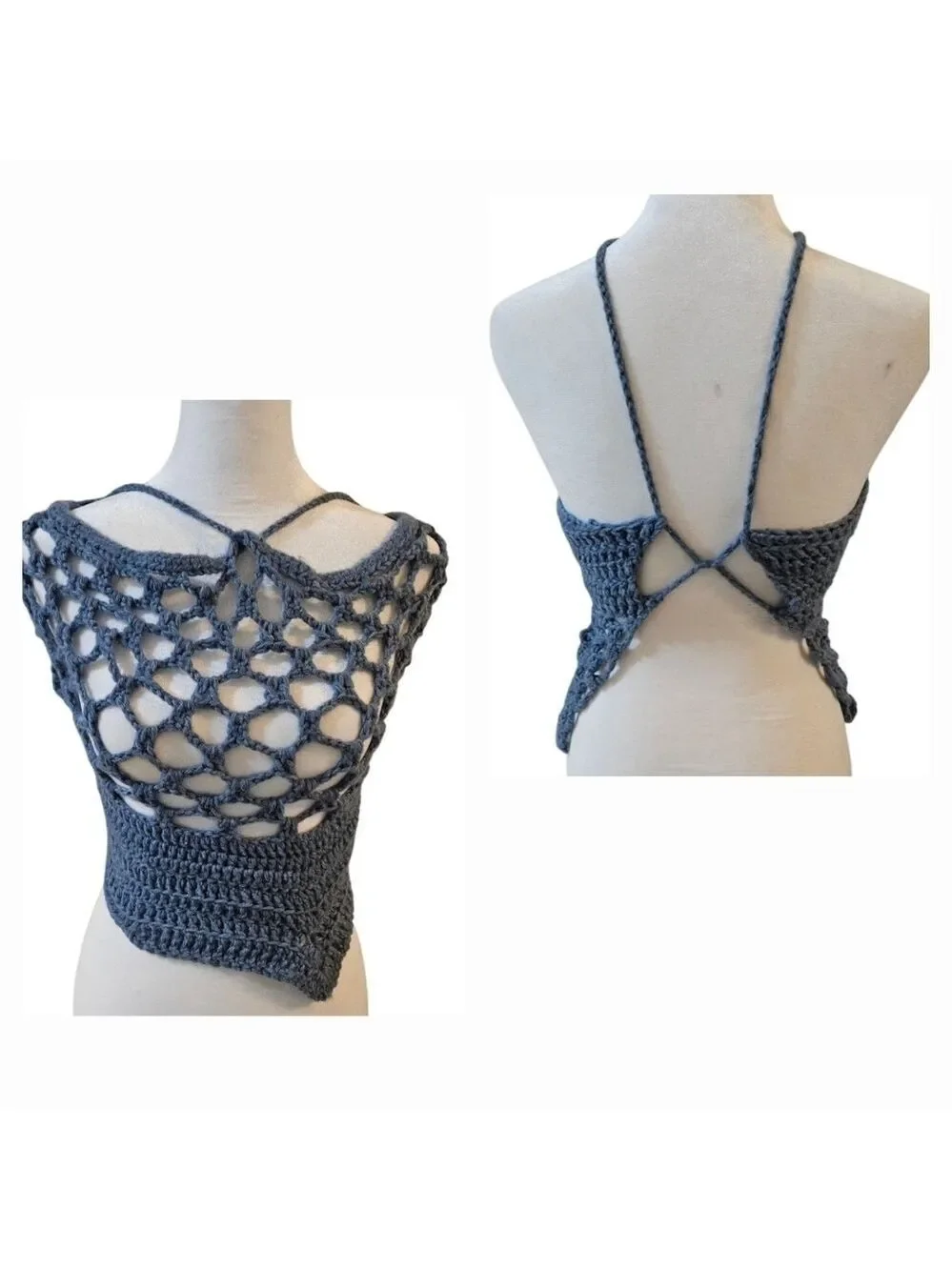 Handmade 4 ways Crochet  Summer Top One-of-a-kind Blue Fishnet Bikini Crop-Top